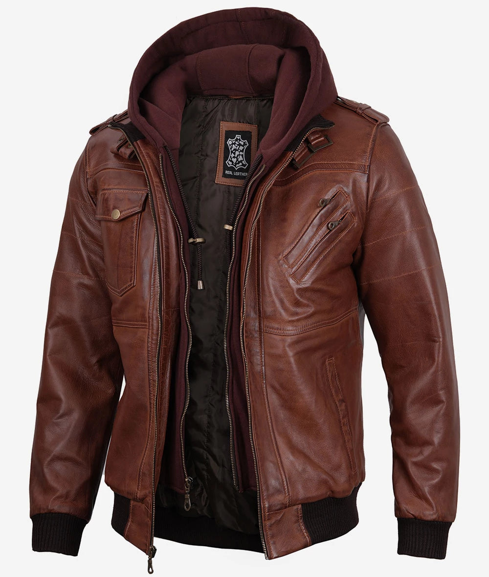 Mens Brown Leather Bomber Jacket With Removable Hood LSM-0041