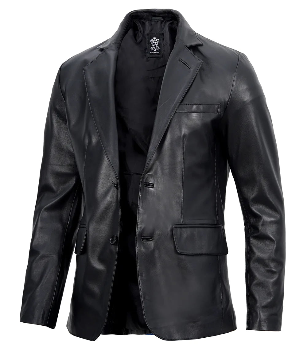 Two Button Notch Lapel Mens Black Leather Blazer LSM-0074