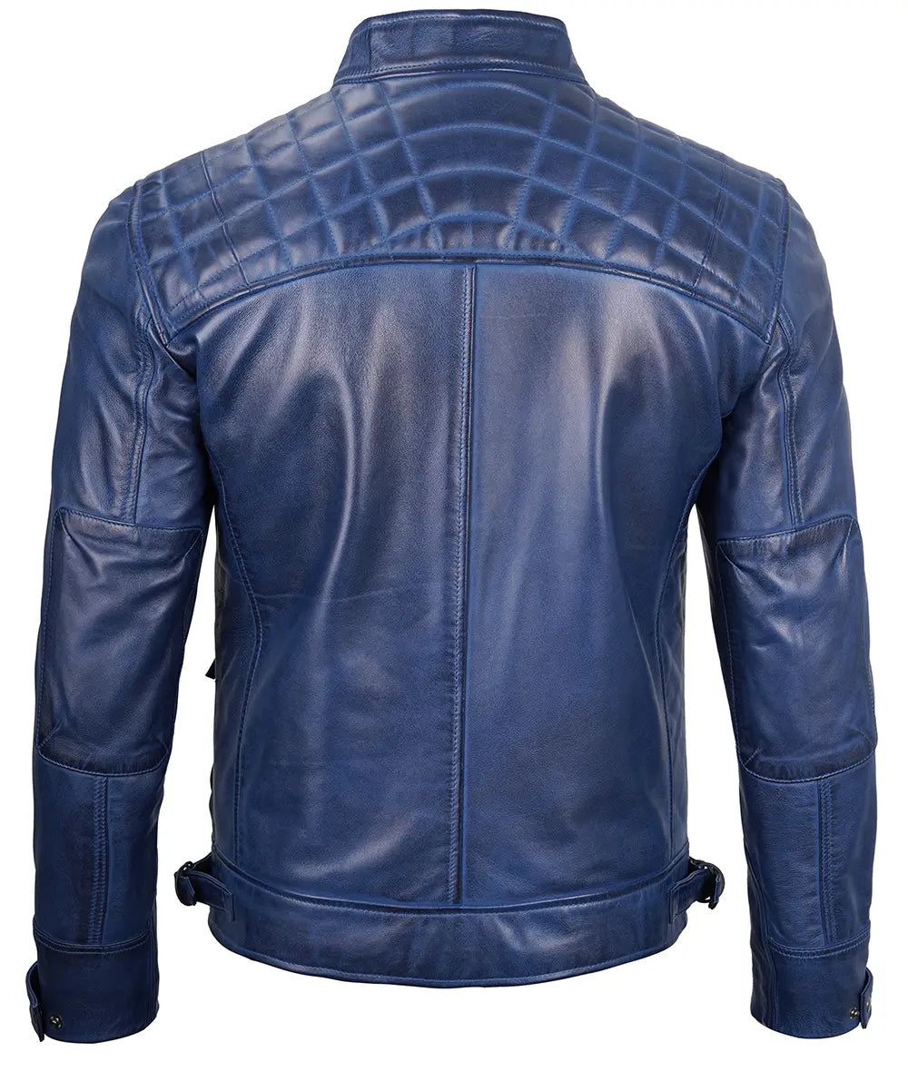 Mens Blue Quilted Shoulder Cafe Racer Leather Jacket LSM-0040