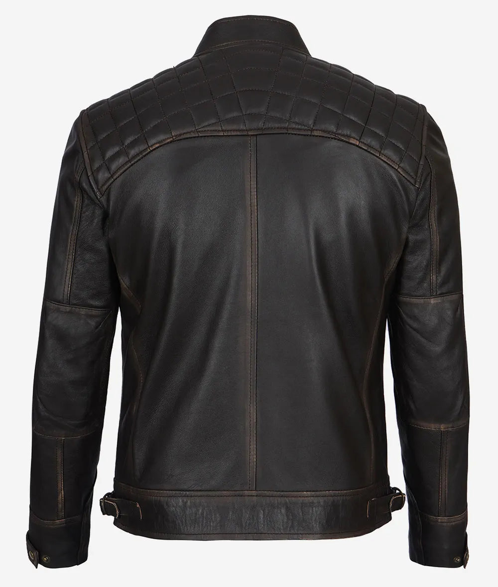 Men's Dark Brown Cafe Racer Leather Jacket - Quilted Shoulder LSM-0025