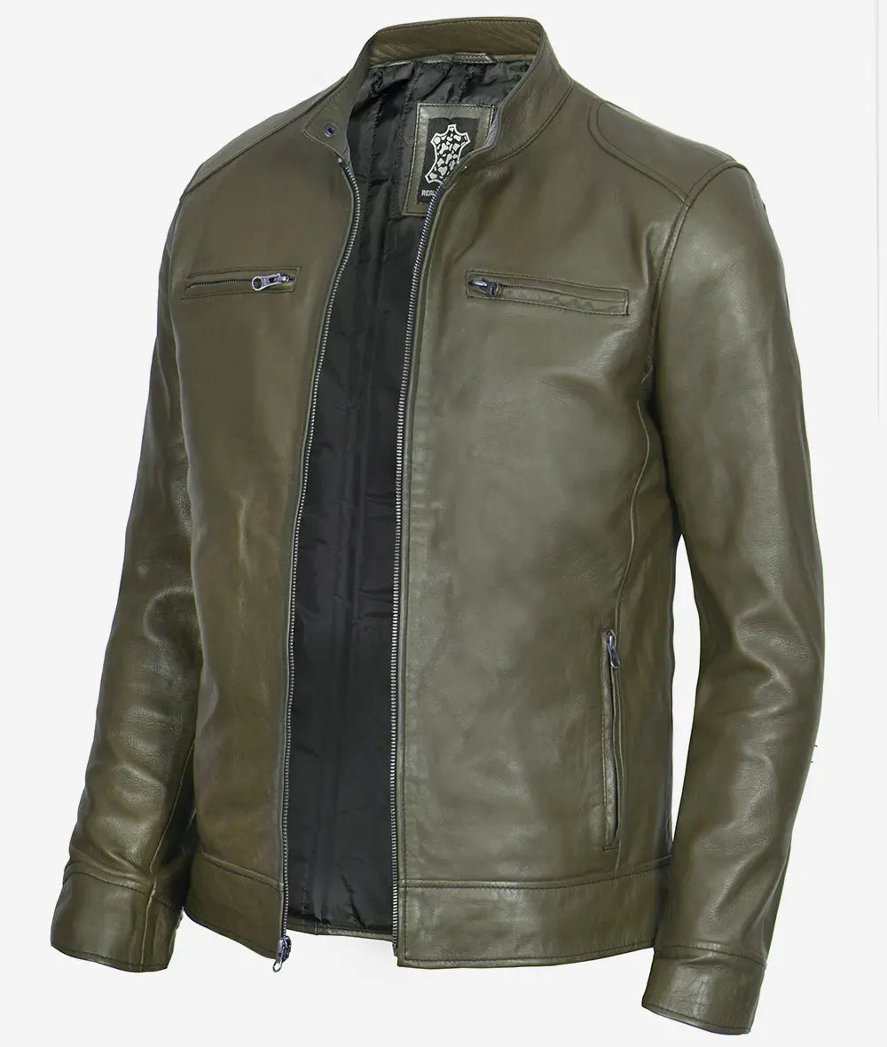 Dodge Military Green Cafe Racer Leather Jacket for Men  LSM-0010