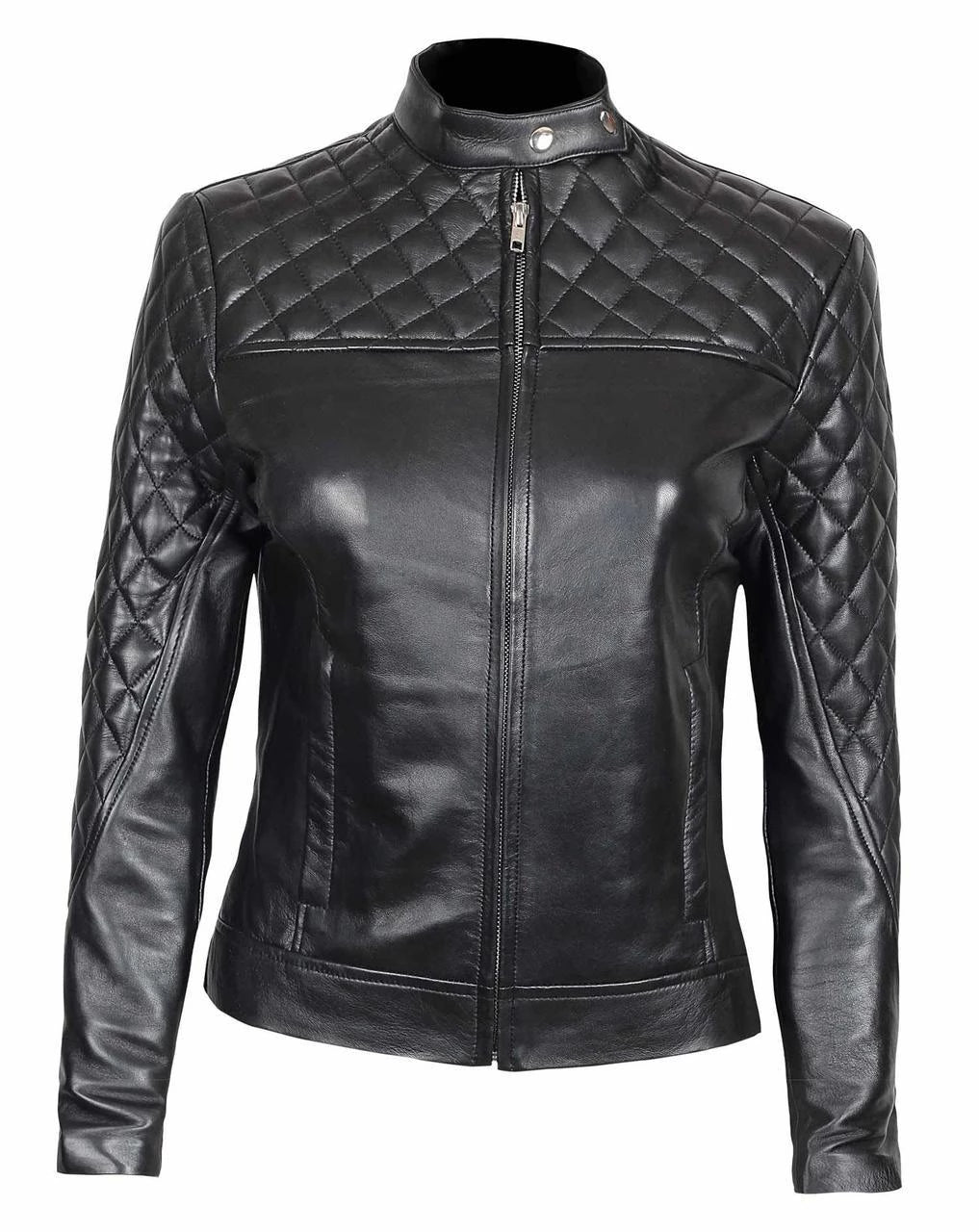 Womens Quilted Black Biker Leather Jacket LSW-0043