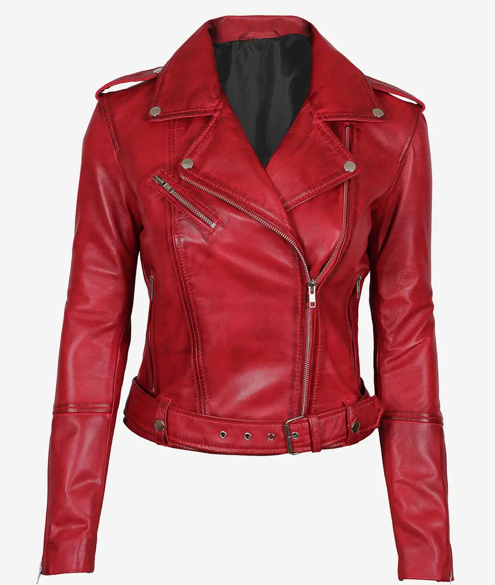 Women's Red Asymmetrical Moto Leather Jacket LSW-0031