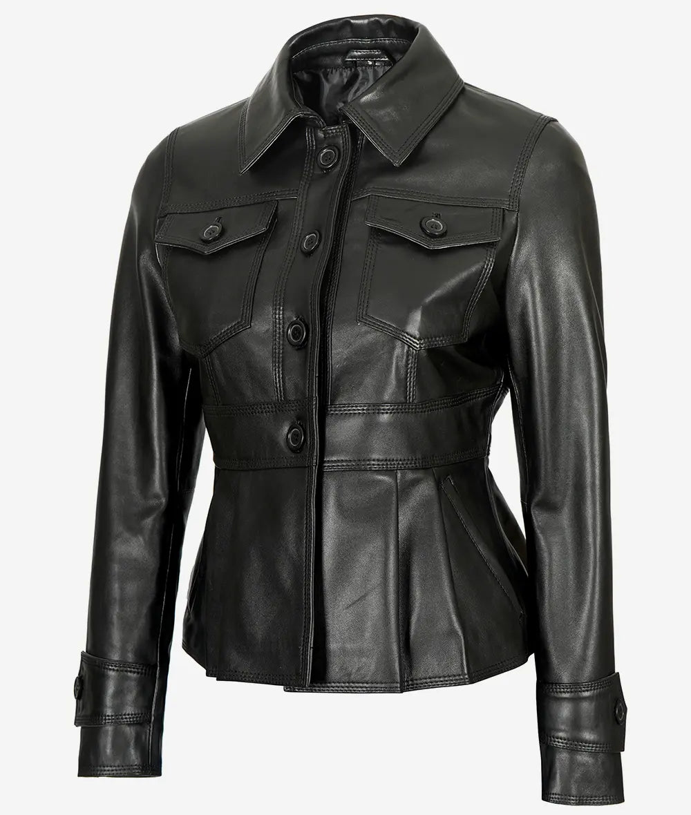 Gladys Women's Black Peplum Leather Jacket LSW-0061