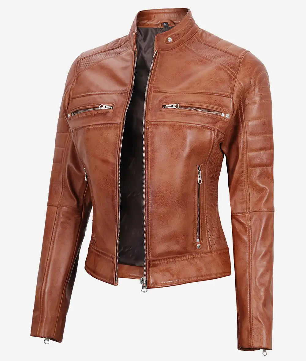 Womens Tan Cafe Racer Leather Jacket LSW-0029