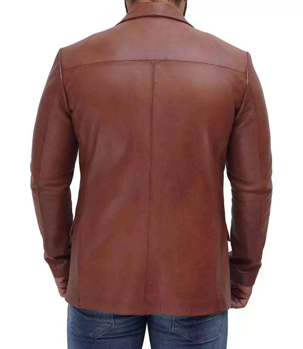 Mens Tan Two Button Leather Blazer