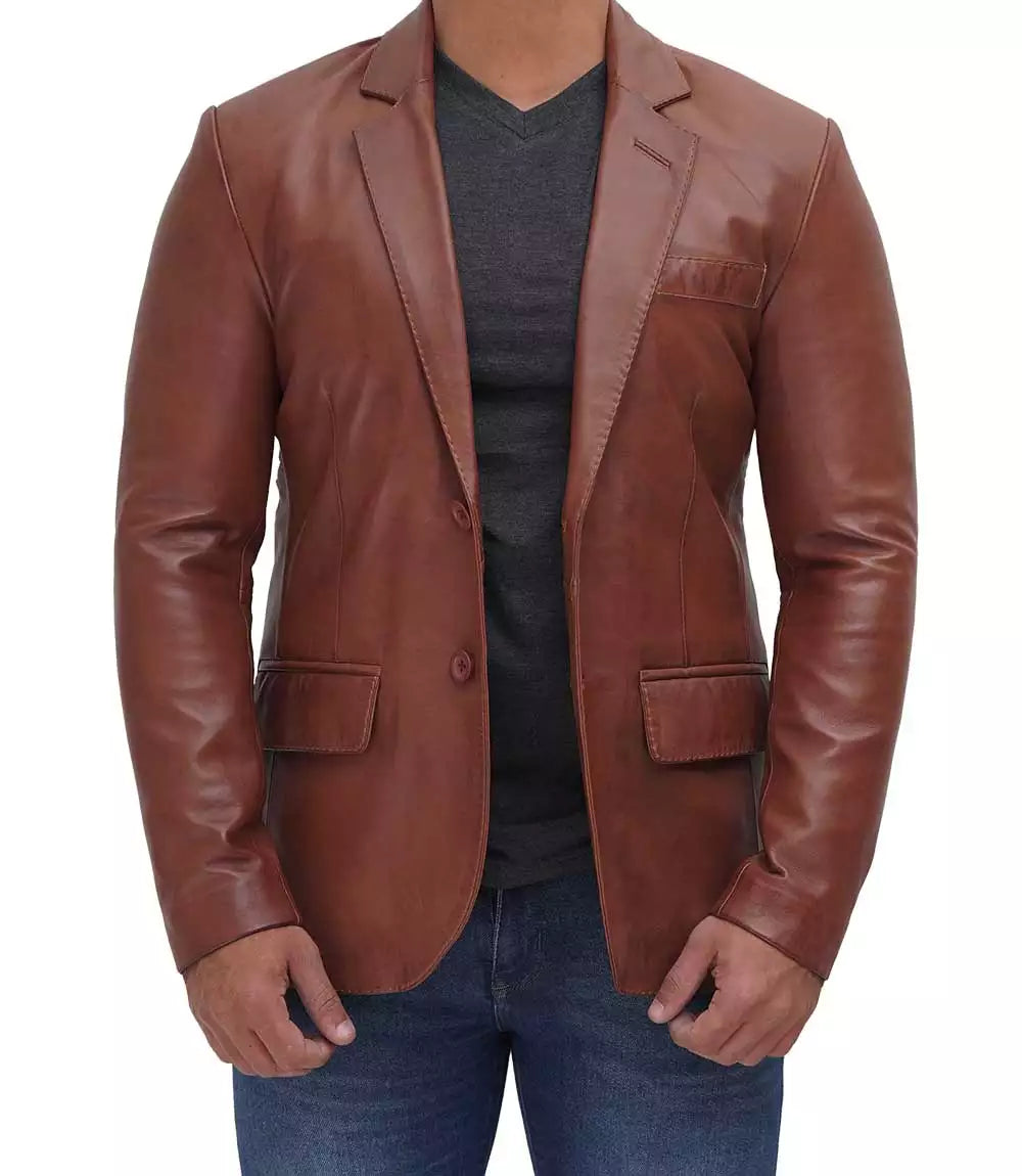Mens Tan Two Button Leather Blazer