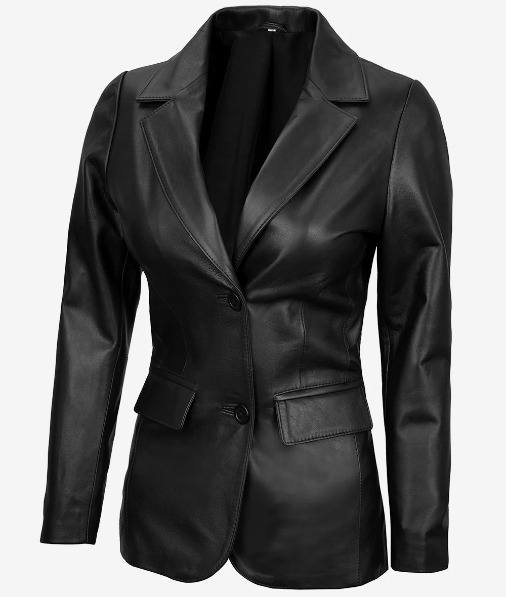 Shannon Women's Two Button Black Leather Blazer LSW-0089