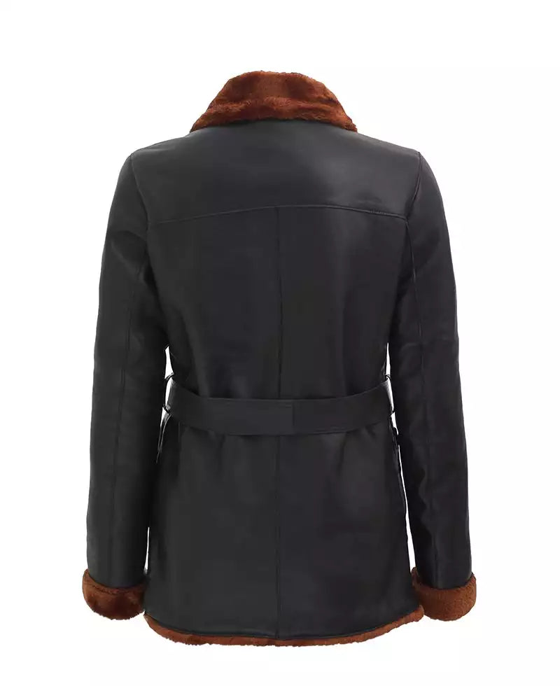 Women's Black Leather Belted Shearling Coat - Double-Breasted Style LSW-0072