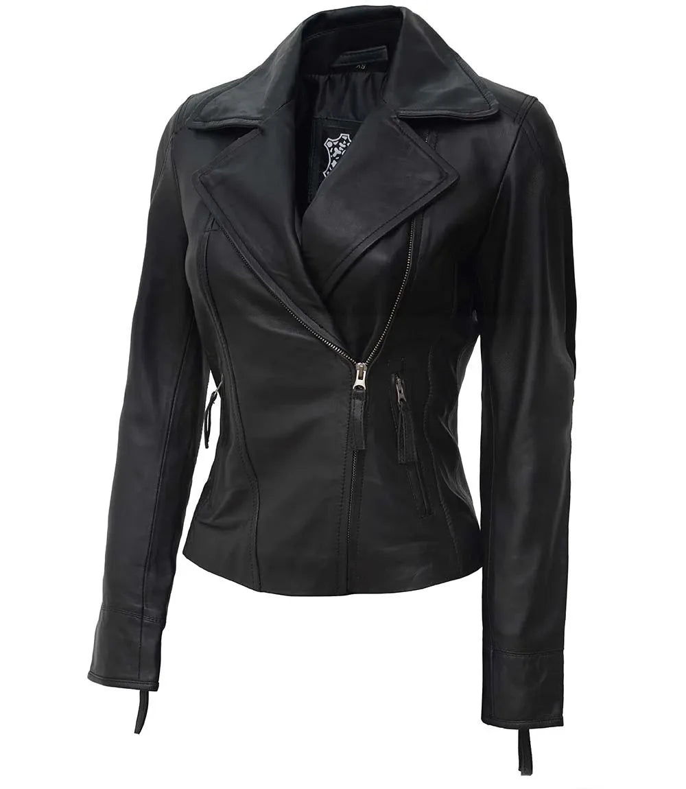 Ramsey Women's Asymmetrical Black Leather Biker Jacket LSW-0014
