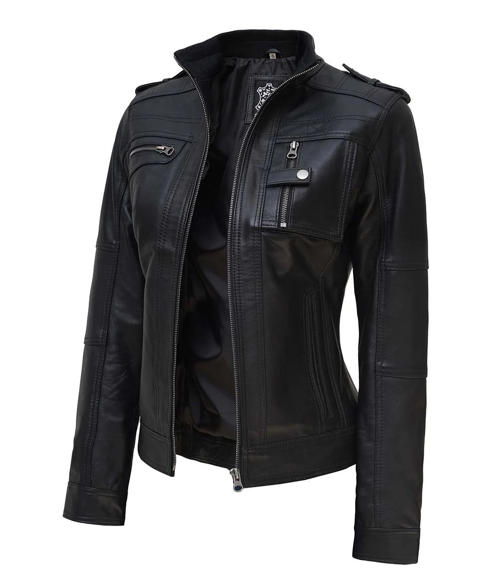 Womens Black Leather Moto Jacket - Classic Biker Style LSW-0040