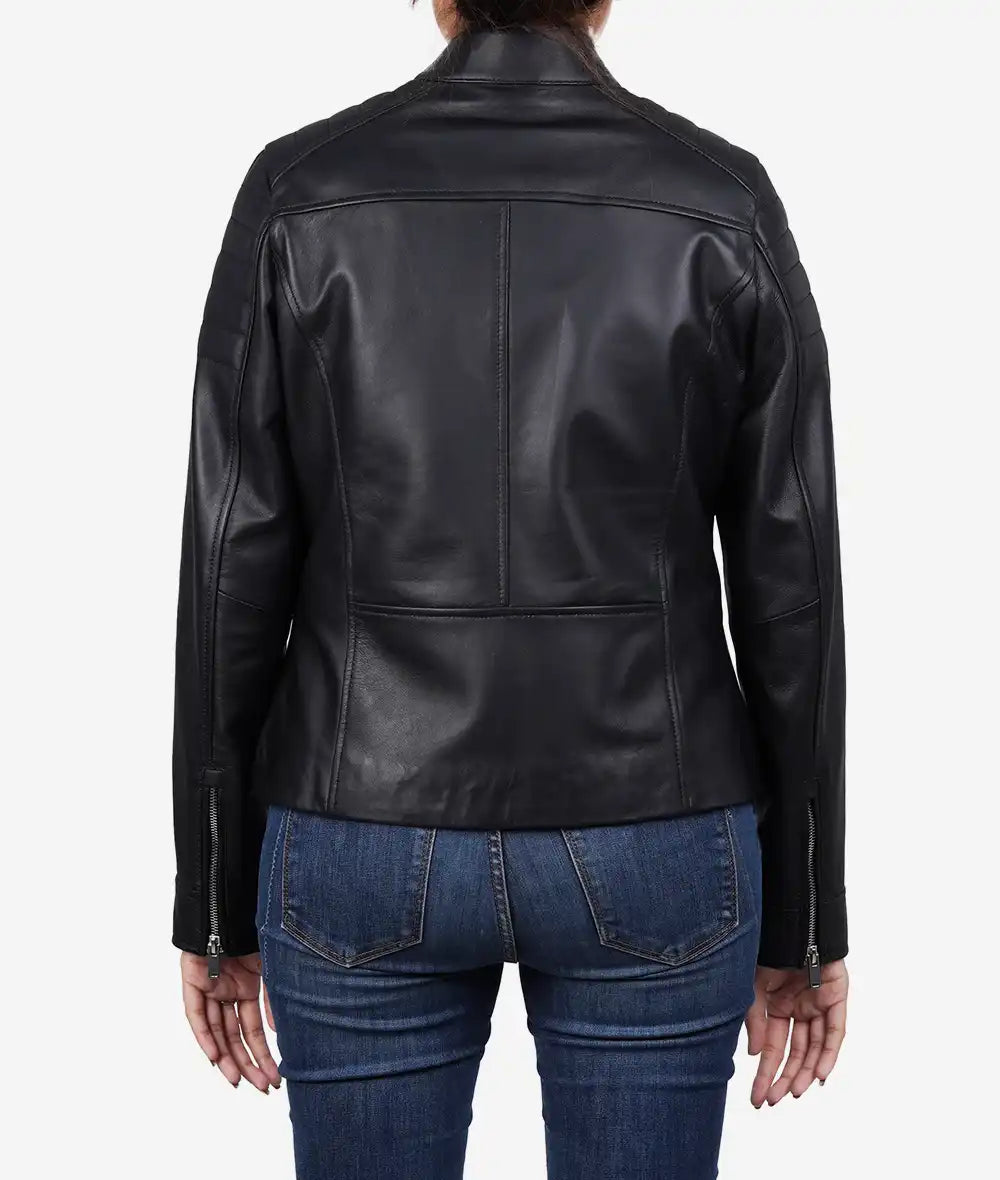 Womens Black Lambskin Leather Relaxed Fit Biker Jacket LSW-0057