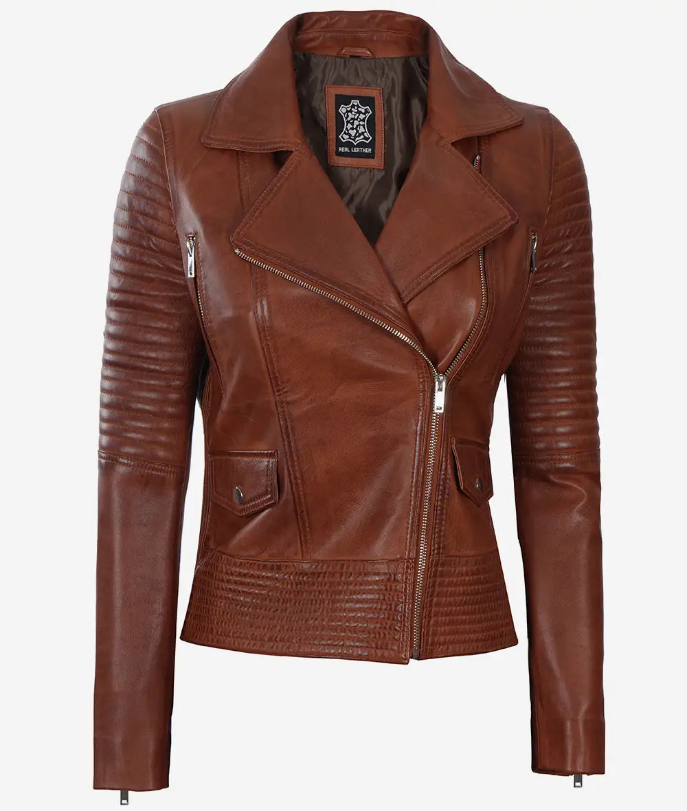 Women's Quilted Style Cognac Leather Moto Jacket LSW-0021