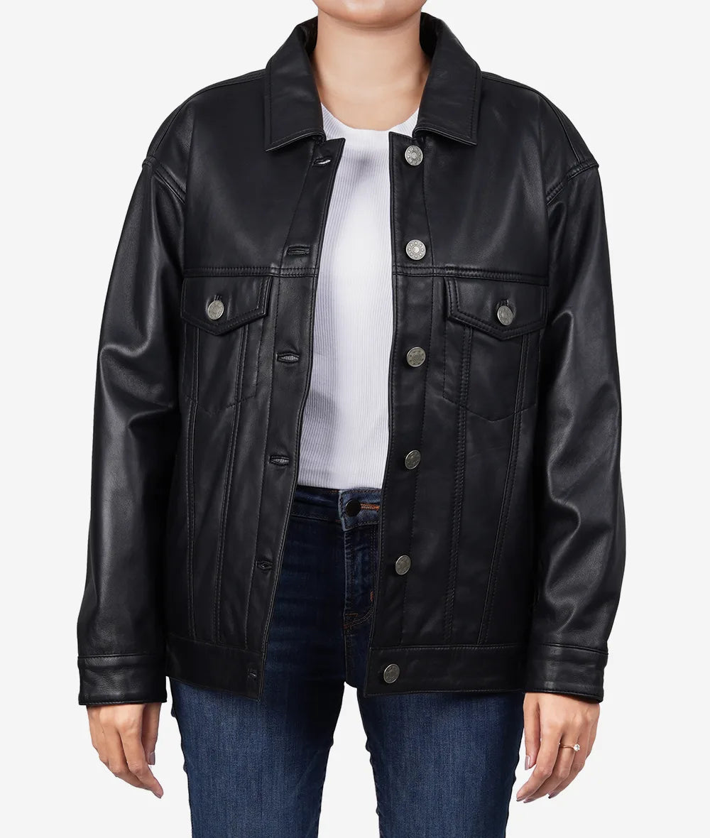 Womens Black Lambskin Leather Oversized Trucker Jacket LSW-0059