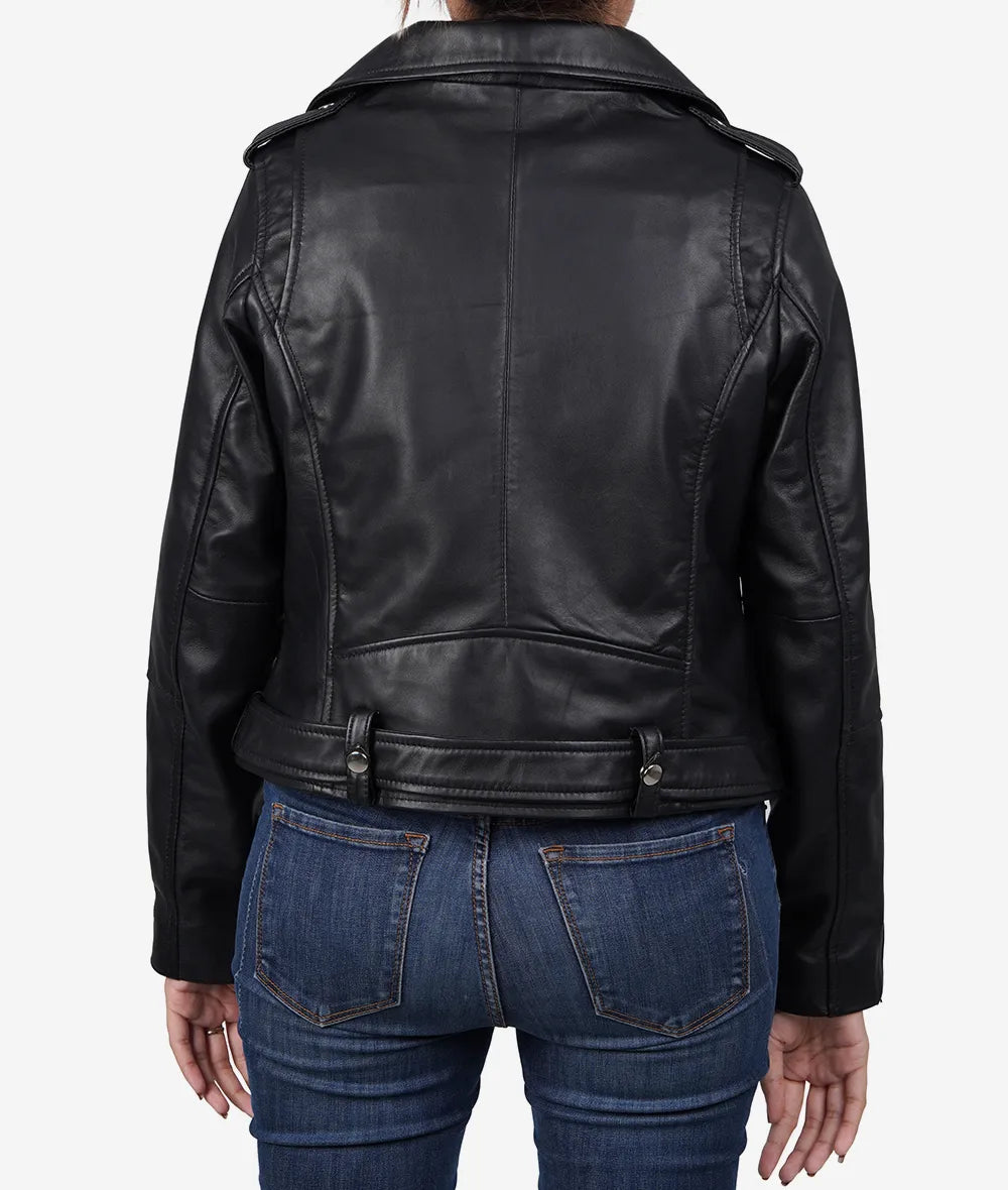 Women Black Lambskin Leather Moto Relaxed Fit Jacket LSW-0056