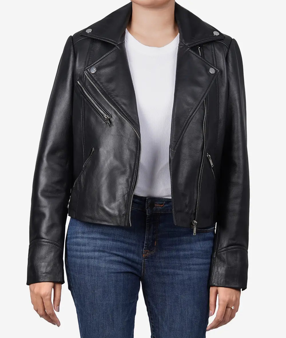 Women Black Lambskin Leather Relaxed Fit Moto Jacket LSW-0055