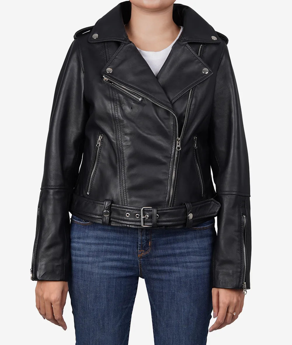 Women Black Lambskin Leather Moto Relaxed Fit Jacket LSW-0056