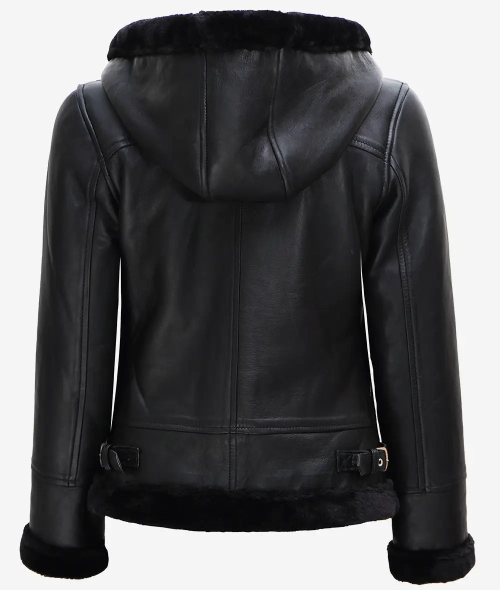 Women's Black Leather Hooded Shearling Jacket LSW-0067