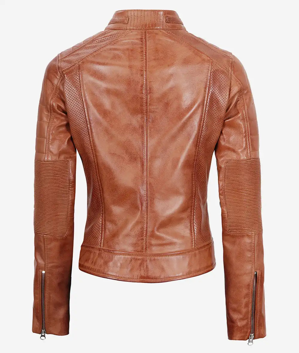 Womens Tan Cafe Racer Leather Jacket LSW-0029