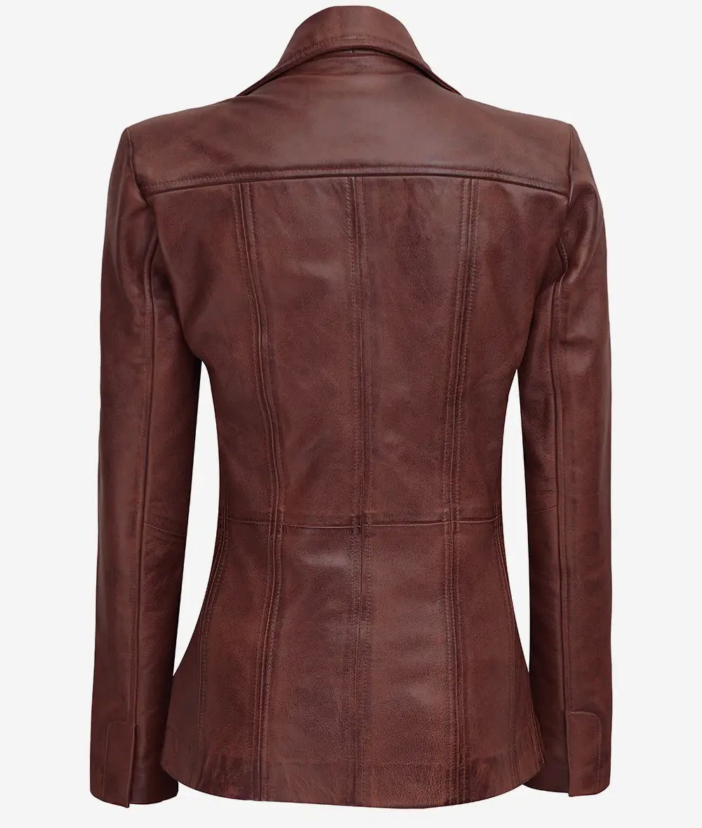 Women's Button Down 3/4 Length Cognac Leather Jacket LSW-0100