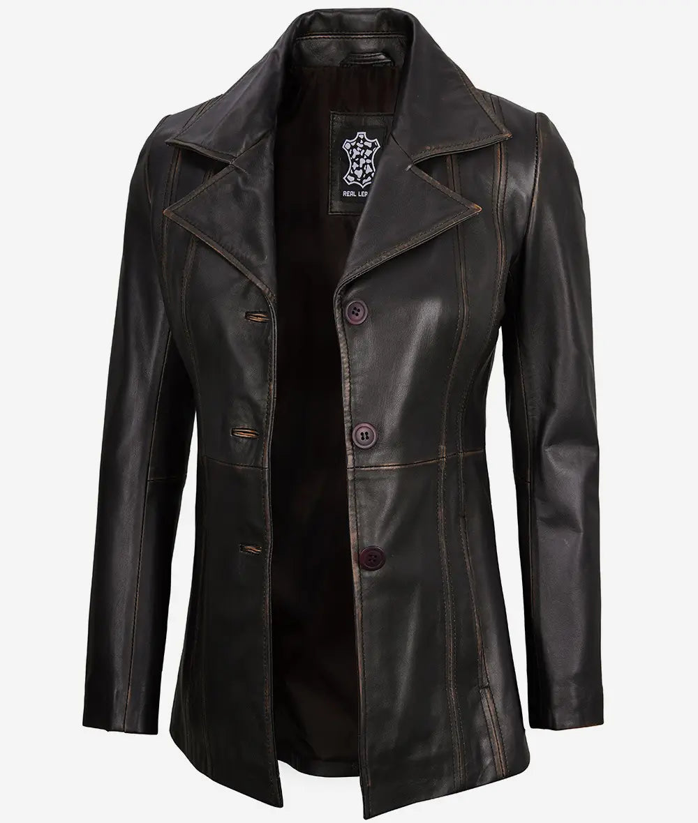 Womens Three Button Leather Blazer LSW-0093