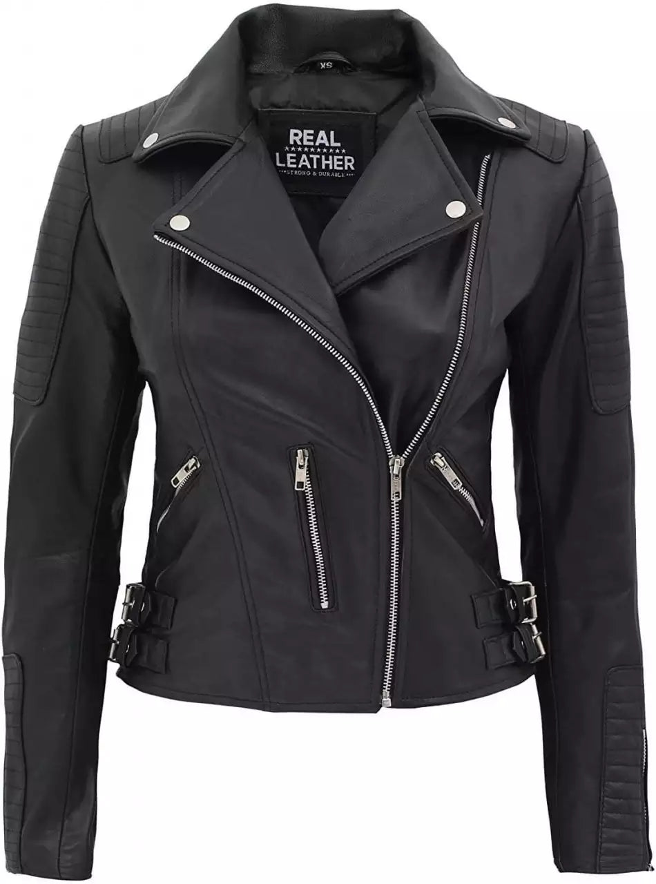 Womens Finest Leather Black Moto Jacket LSW-0035