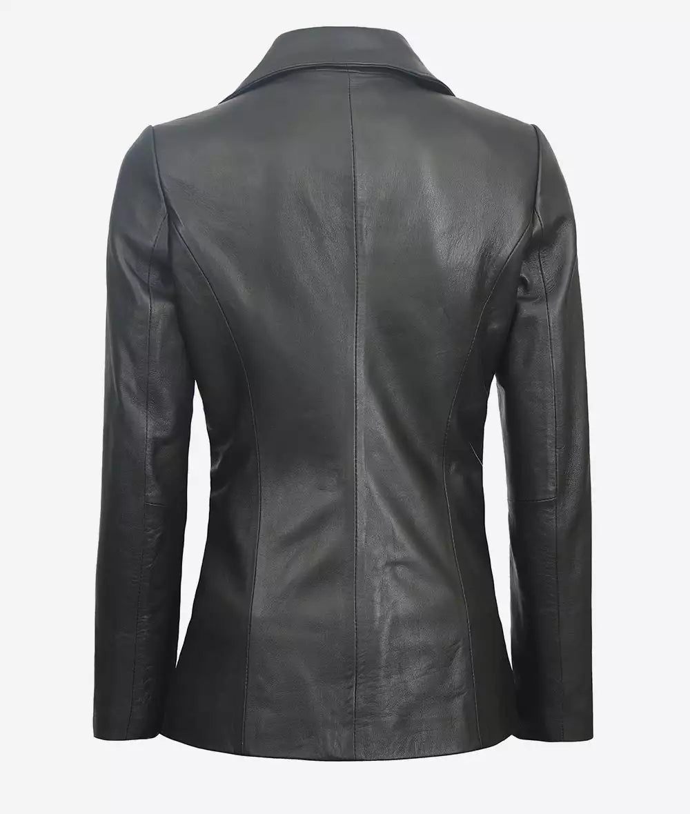 Women's Two Button Black Leather Blazer LSW-0086