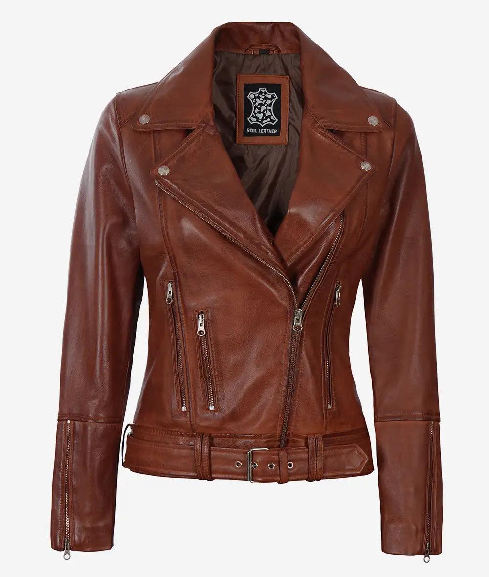 Women's Asymmetrical Cognac Leather Jacket - Belted Waist LSW-0050