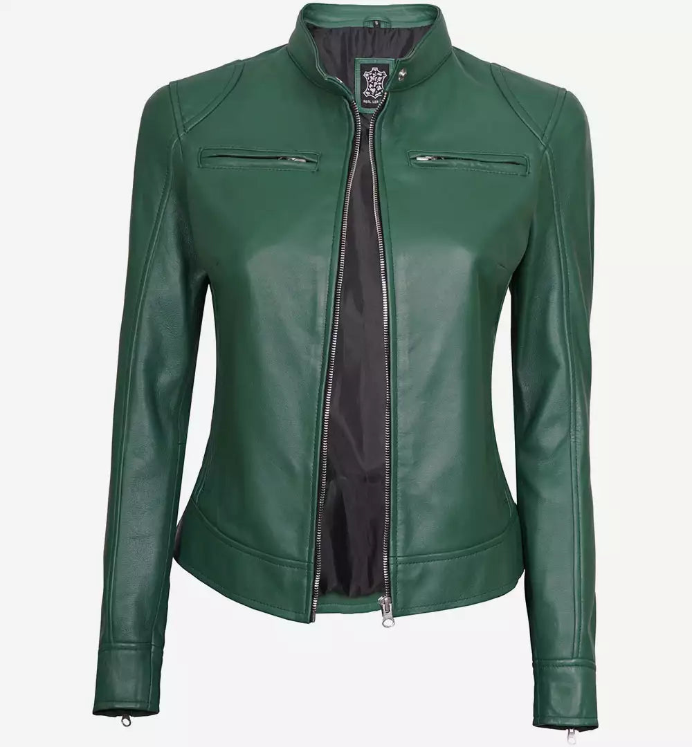 Dodge Green Cafe Racer Leather Jacket for Women LSW-0030