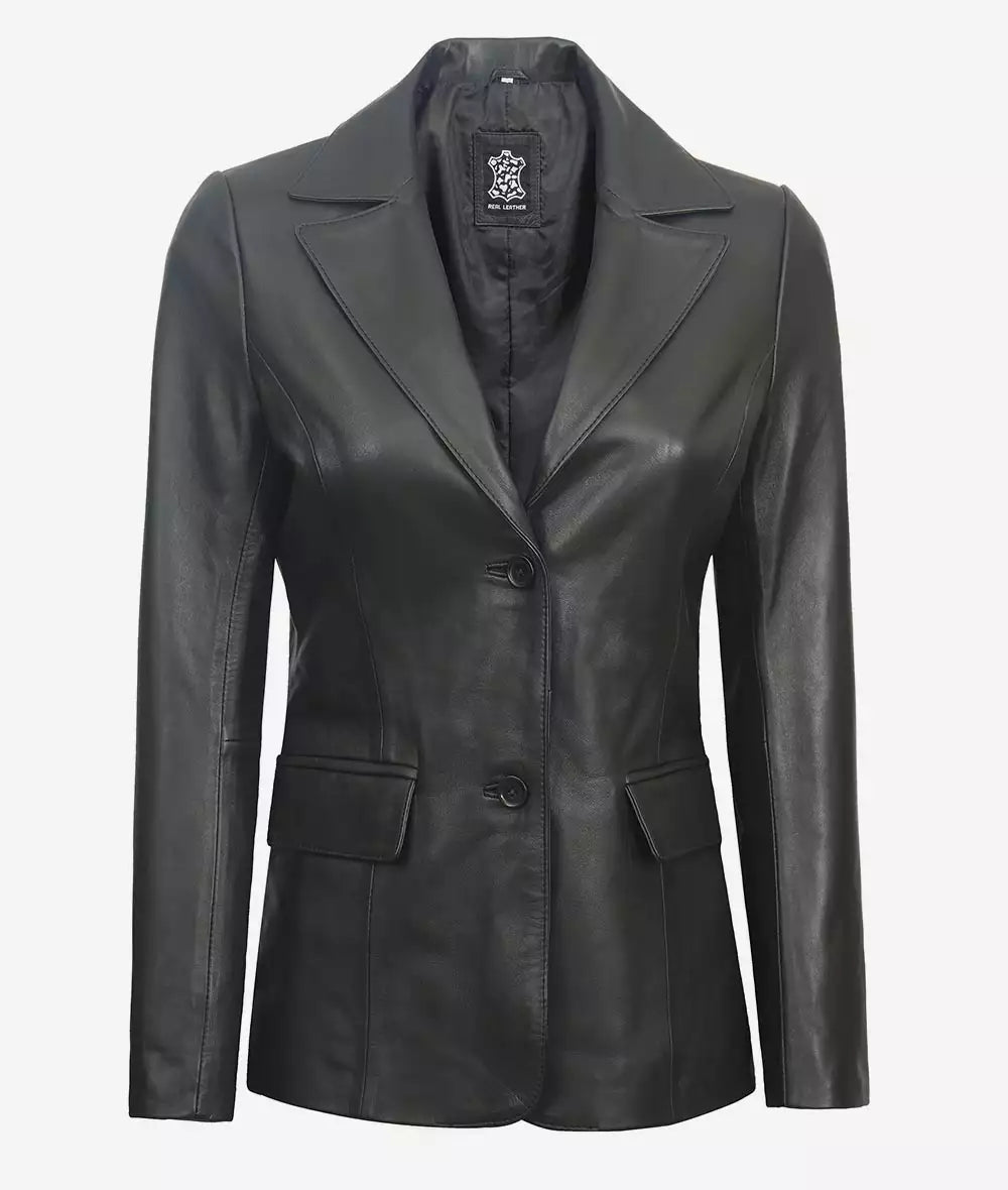 Women's Two Button Black Leather Blazer LSW-0086