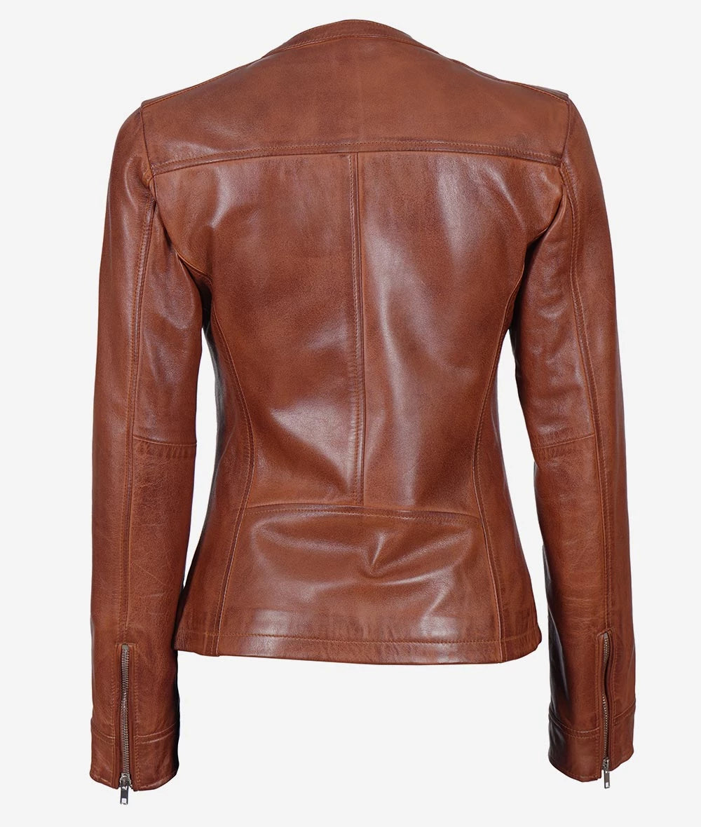 Womens Brown Textured Leather Biker Jacket LSW-0053