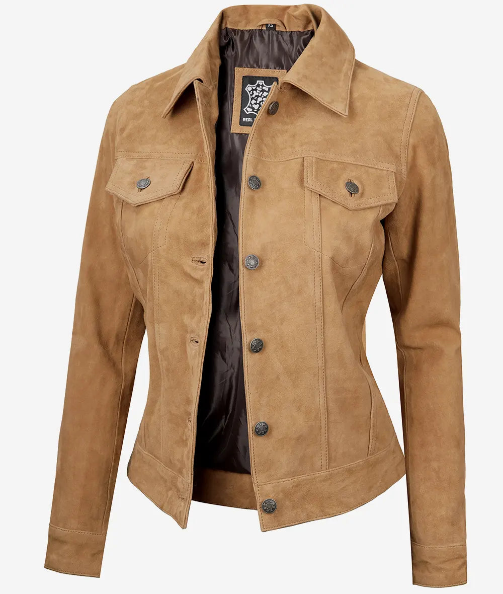 Women's Light Brown Suede Trucker Jacket LSW-0109