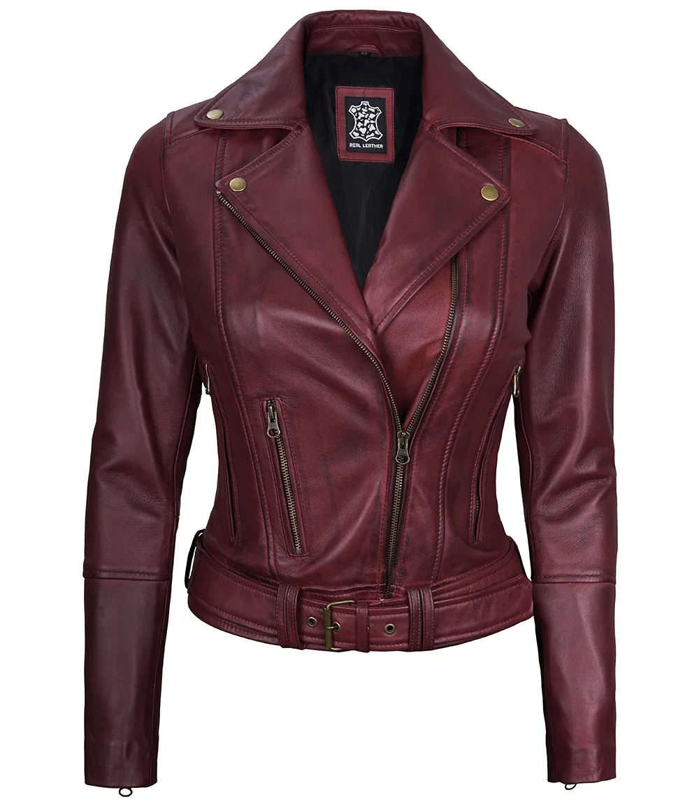Elisa Womens Maroon Leather Asymmetrical Motorcycle Jacket LSW-0039