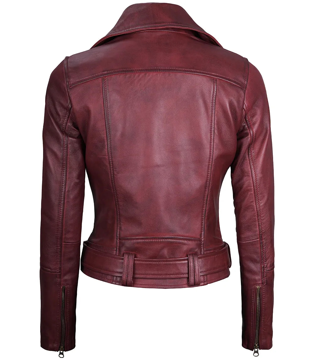 Elisa Womens Maroon Leather Asymmetrical Motorcycle Jacket LSW-0039