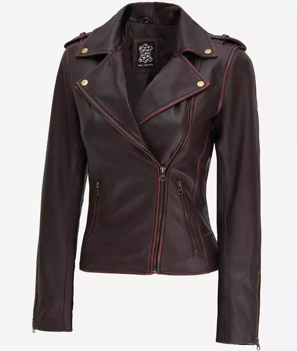 Women's Asymmetrical Biker Style Leather Jacket LSW-0018