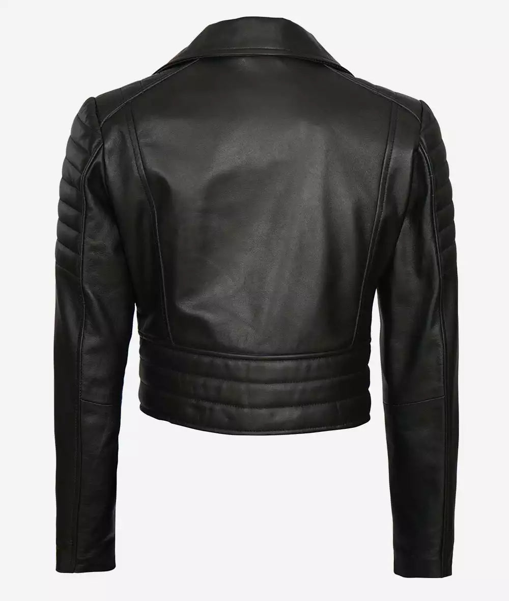 Women Asymmetrical Black Cropped Moto Leather Jacket LSW-0058