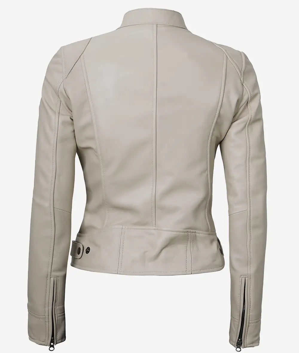 Dodge Beige Cafe Racer Leather Jacket for Women LSW-0009