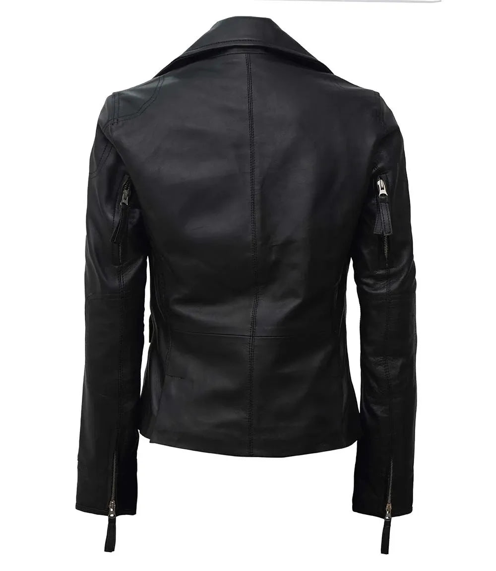 Ramsey Women's Asymmetrical Black Leather Biker Jacket LSW-0014