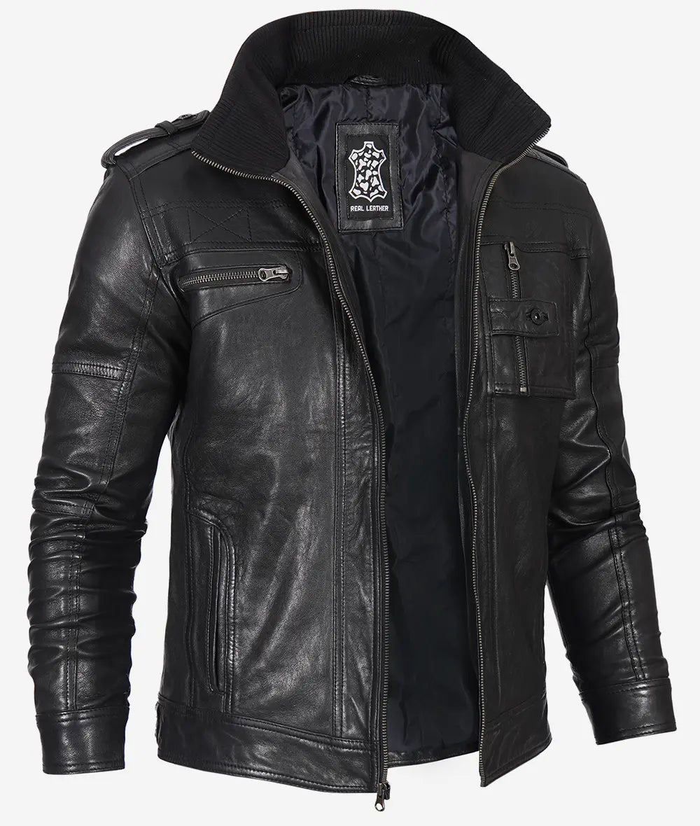 Men's Biker Style Black Leather Jacket LSM-0012
