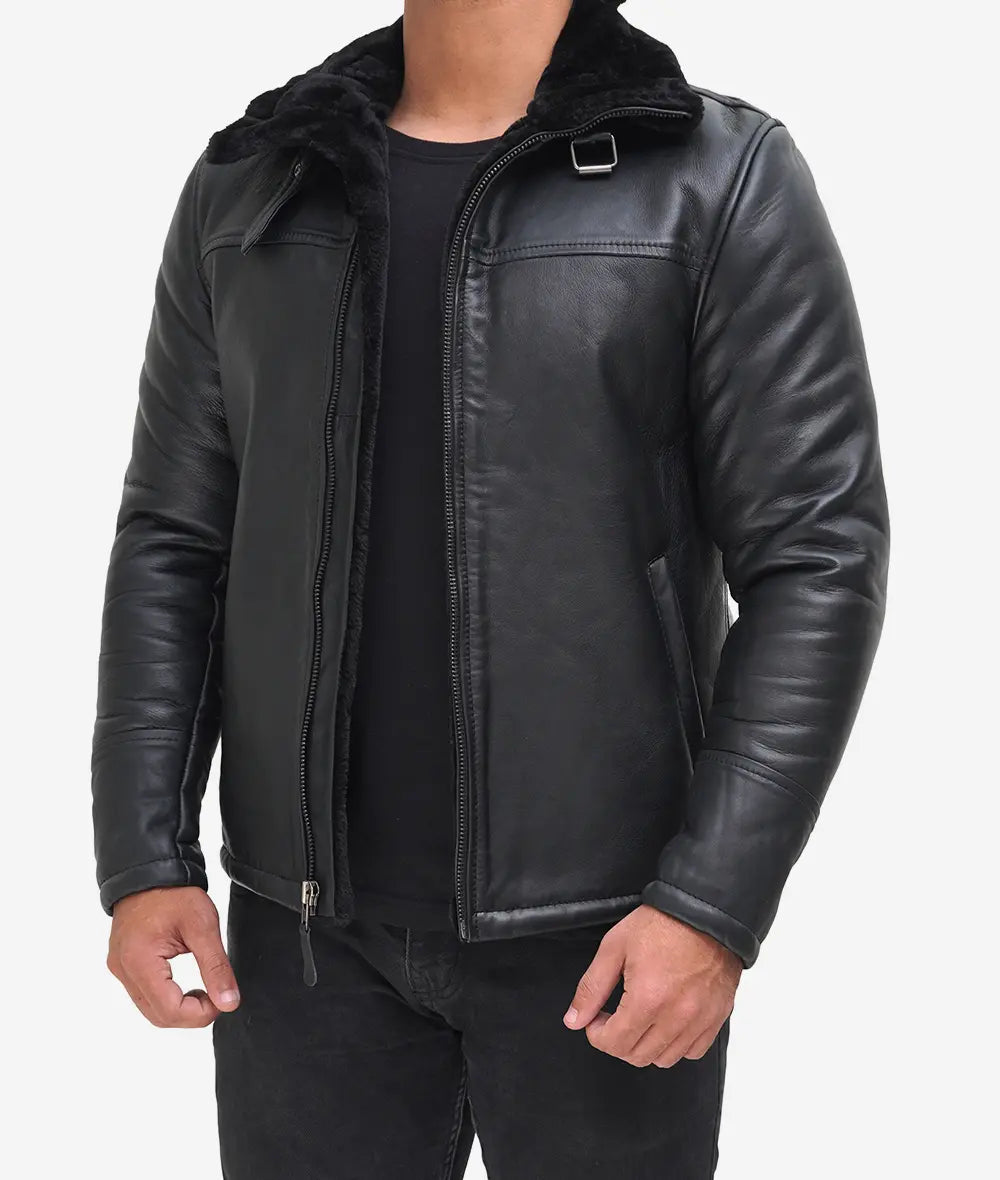 Men's B3 Bomber Black Shearling Leather Jacket LSM-0053