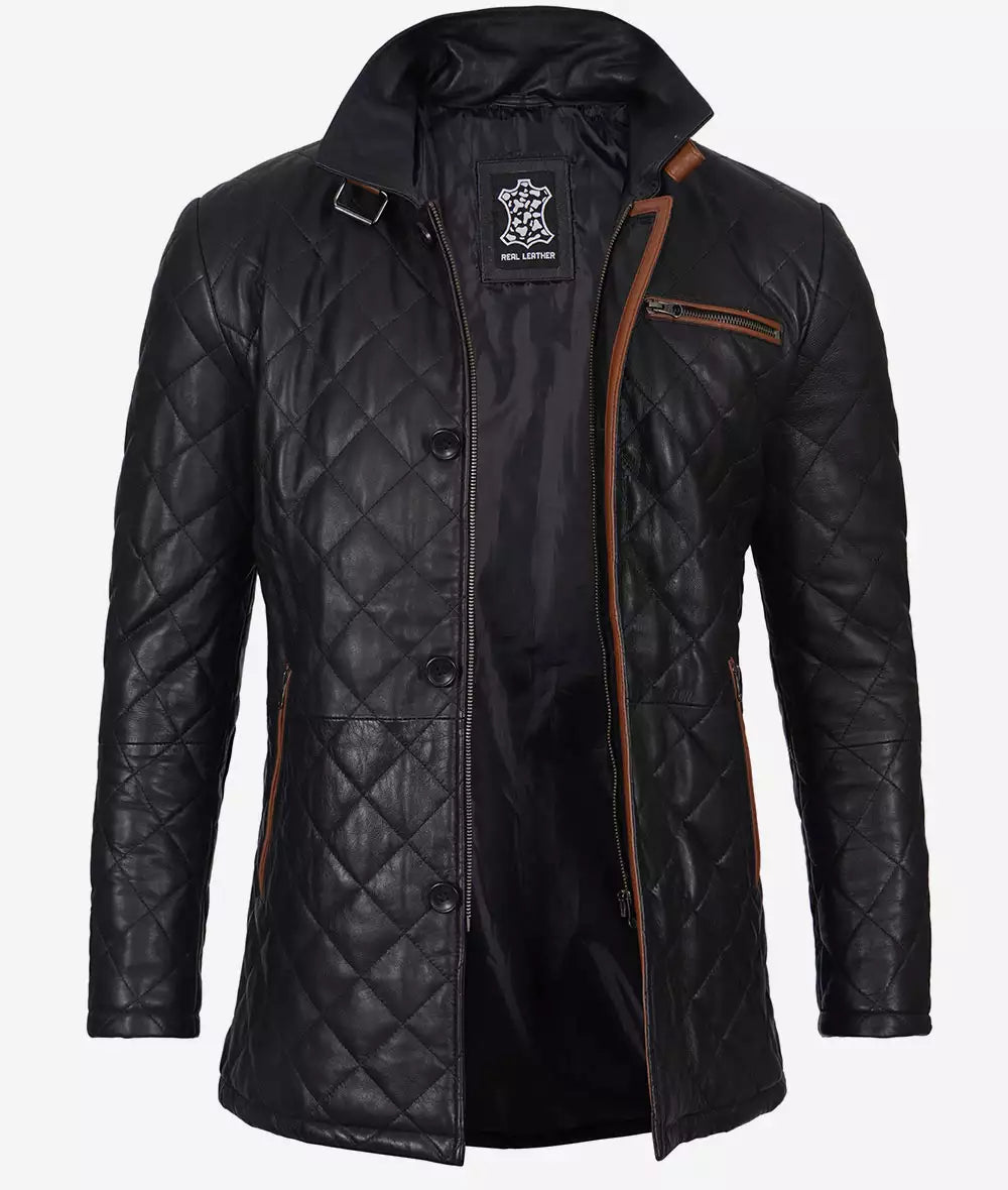 Men's Black Diamond Quilted Leather Car Coat With Brown Detailing LSM-0076