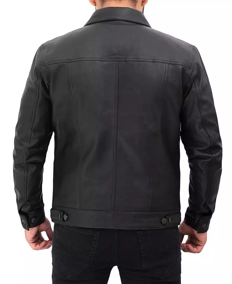 Mens Four Pockets Black Leather Trucker Jacket LSM-0043