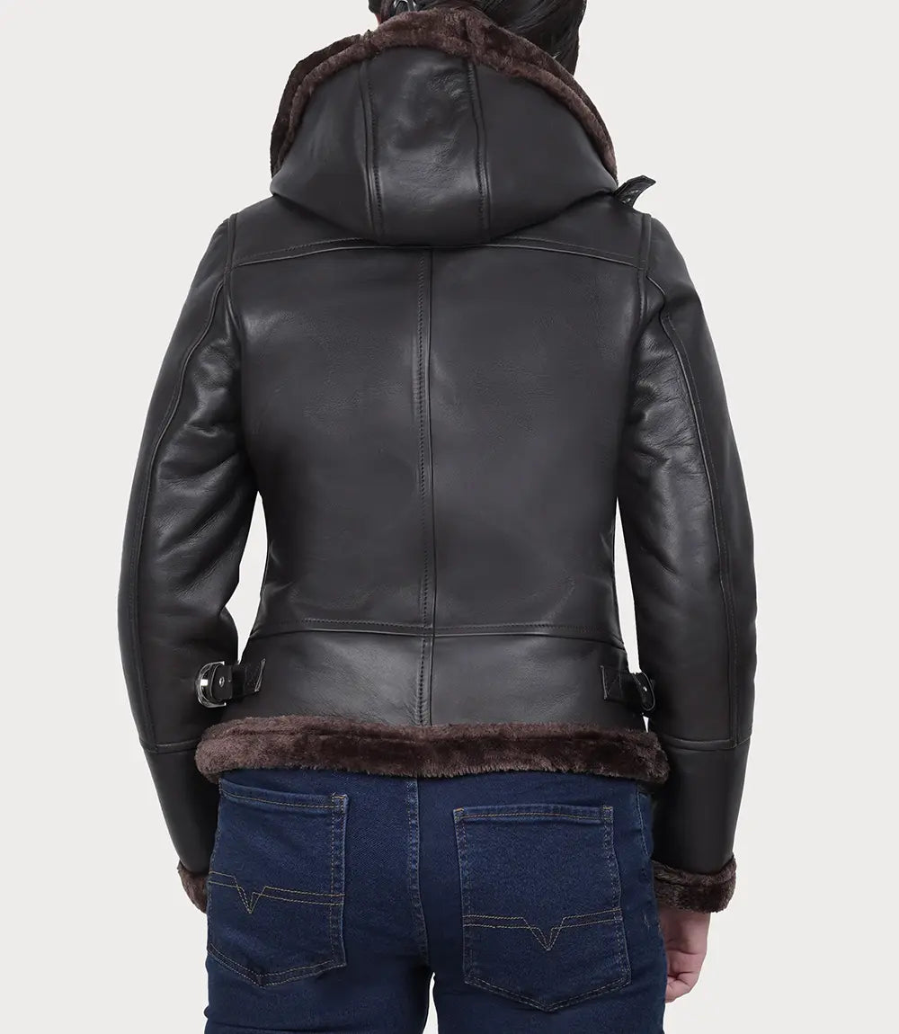 Women's Dark Brown Aviator Leather Jacket With Hood LSW-0077