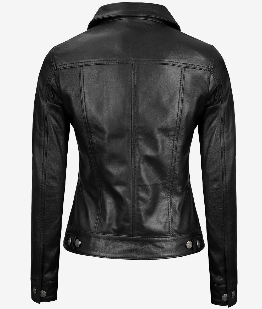 Women's Black Lambskin Leather Four-Pocket Trucker Jacket LSW-0033