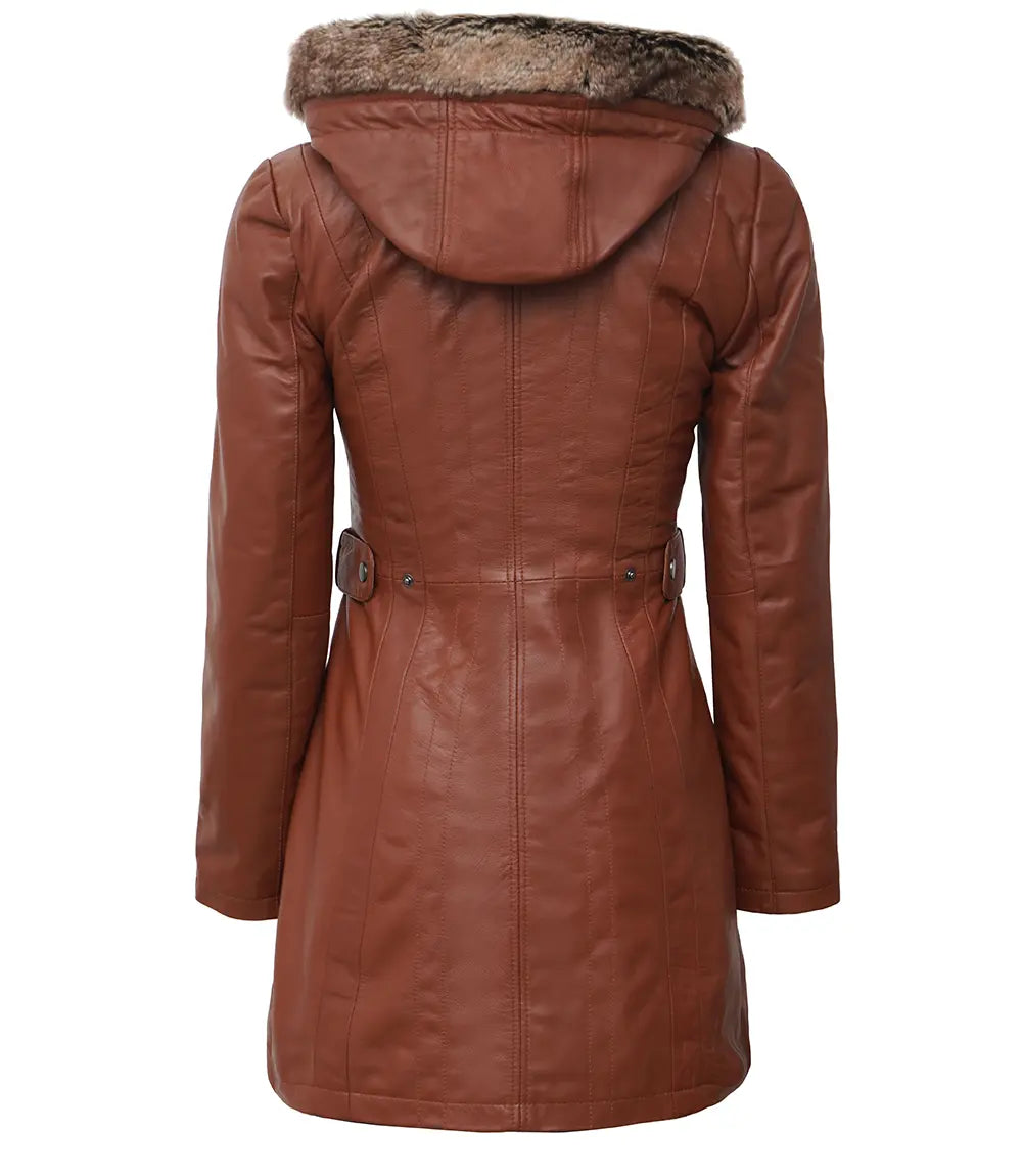 Women Brown Leather Coat With Fur Trim Removable Hood LSW-0104