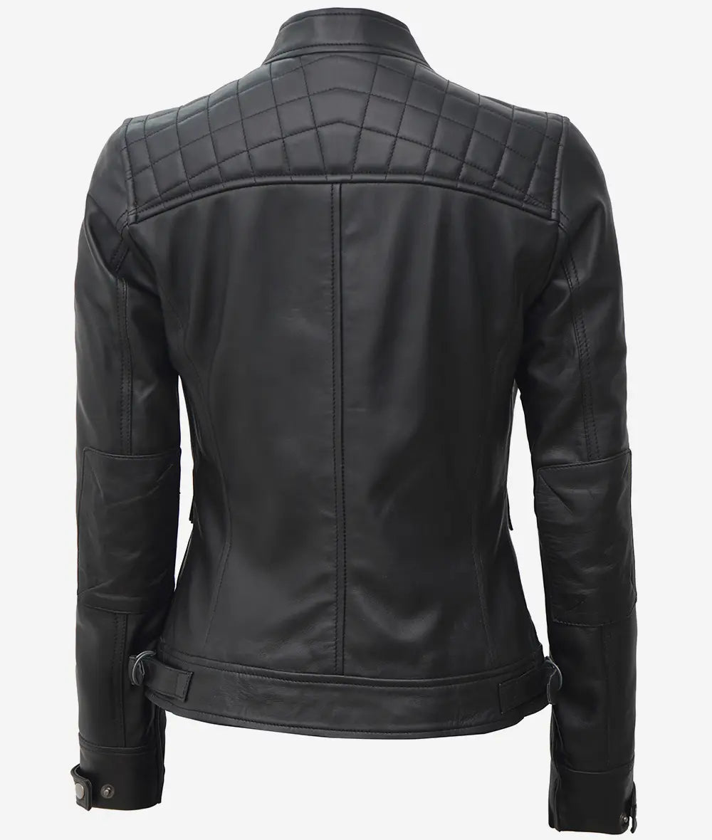 Womens Black Leather Cafe Racer Jacket - Quilted Shoulder LSW-0027
