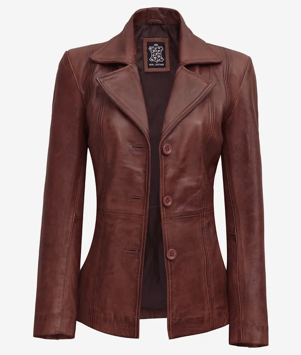 Women's Button Down 3/4 Length Cognac Leather Jacket LSW-0100