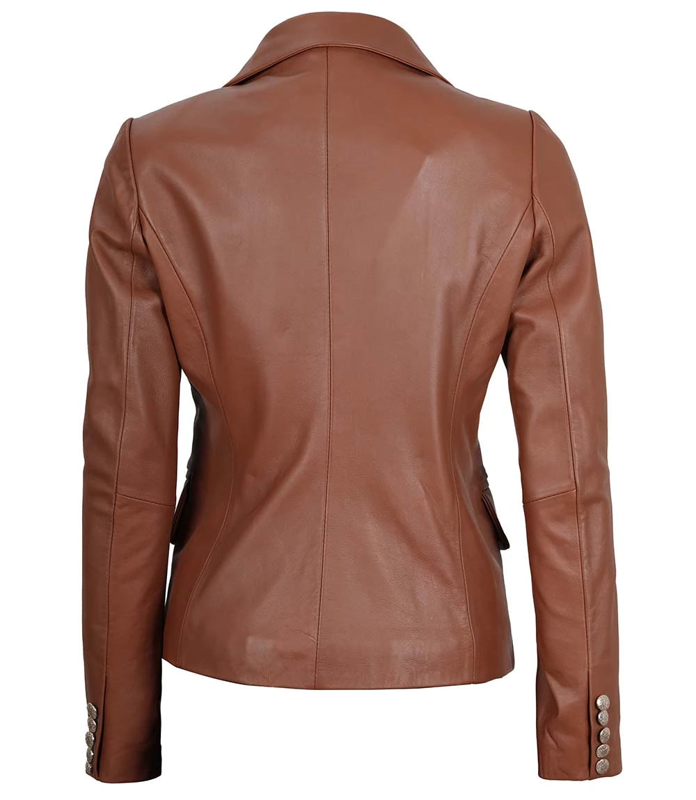 Premium Double Breasted Brown Leather Blazer Women LSW-0091