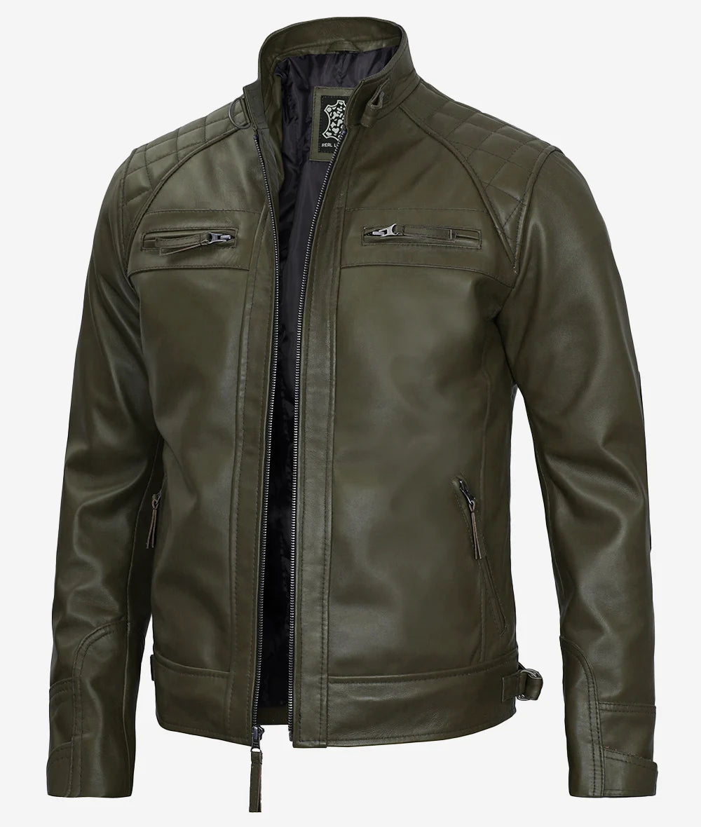 Mens Quilted Shoulder Military Green Cafe Racer Leather Jacket LSM-0045