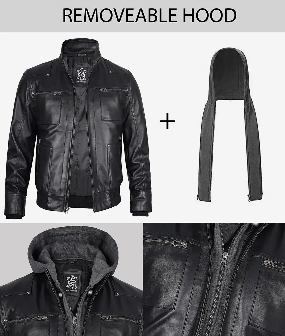 Men's Black Leather Bomber Jacket with Removable Hood LSM-0016